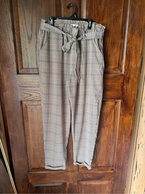 SO Plaid Paperbag Waist Chinos in Tan and Gray